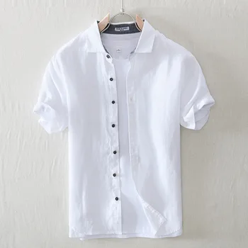 1009 Лято 100% бельо кожата приятелски дишащи ризи за мъже Япония стил прост плътен цвят ревера къс ръкав блуза мъжки отгоре