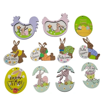 Q1JB 11бр/комплект Великденски дървени висящи орнаменти Великденски зайчета яйца висулки за дърво