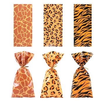 50pcs Jungle Animal Treat бонбони чанта Див жираф Гепард Тигър печат пластмасова бисквита опаковка чанта Safari рожден ден парти подарък чанта
