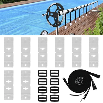 Solar Cover Attachment Set Universal Solar Cover Reel Straps with 8 Woven Bags 8 Buckles 8 Cord Plates Durable Swimming Pool
