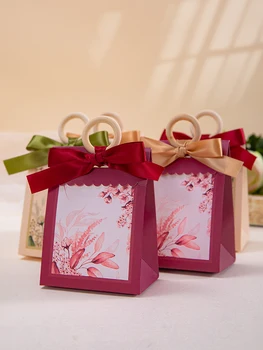 20 бр/лот преносима сватбена кутия за бонбони с момина сълза модел малка подаръчна опаковка хартиена кутия + дървен пръстен + панделка + перла