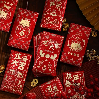 6Pcs 2024 Нова година Червени пликове Китайски новогодишни пари Хонгбао Детски пари Червен джоб Благословия Fortune Подаръци Декор