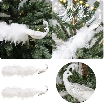 Естествени пера занаяти Коледна украса Висящи Симулация Бял Peahen коледно дърво украса 