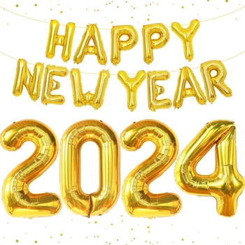 Честита Нова Година 2024 Балони със златен номер Балони за Нова година Парти консумативи Декорации NYE декорации Вътрешен На открито