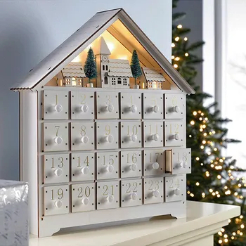 Дървен коледен адвентен календар с 24 чекмеджета за съхранение Селска къща обратно броене до Коледа за многократна употреба DIY обратно броене календар