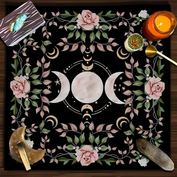 Тройна луна олтар кърпа Alter кърпа Таро покривка цвете Уика Таро Мат декор за разпространение Вещица вила Cottagecore