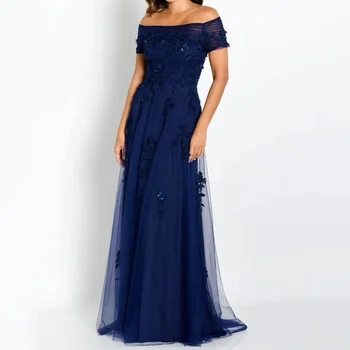 Морско синьо Майка на булката рокля тюл без ръкави официална парти рокля Sweep влак дантела апликации рокля за жени