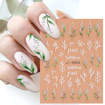 Релефни летни стикери за нокти Зелена бяла момина сълза Decal ботанически листа стикер плъзгачи за нокти доставки JI-5D04