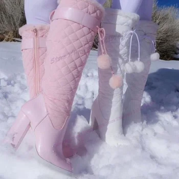 Розово руно буци токчета сняг ботуши размита топка кръг пръсти обувки за жени кръст вързани странични цип обувки 2023 Сапатос пара Муджере