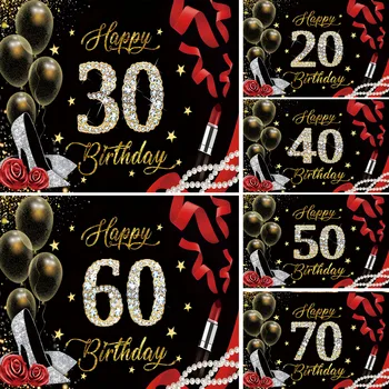 20-ти 30-ти 40-ти 50-ти 60-ти фон Червен златен блясък Честит рожден ден фотография Черно парти декорация банер студио жени