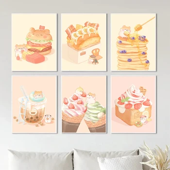 карикатура сладък мъфинмару балон чай торта десерт плакати хамстер отпечатъци платно живопис стена арт магазин дома ресторант стая декор