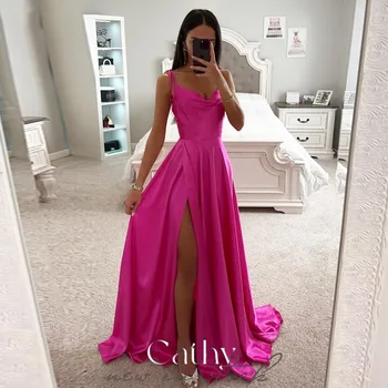 Cathy Simple Satin A-line فساتين مناسبة رسمية Спагети презрамки Абитуриентска рокля 2023 Fuchsia Side Split Vestidos de Noche