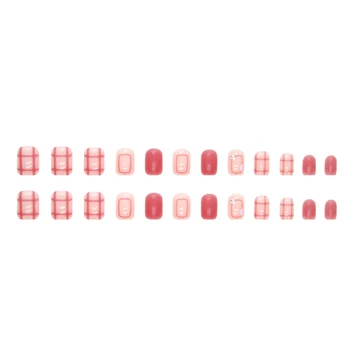 Glossy Pink Plaid Fake Nails Glossy Pink Medium Artificial Nail Pieces for Nail Art Manicure Decoration