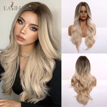 Gradient Color Center Parted Long Curly Hair Cosplay Natural Heat Resistant Synthetic Wig Дълга къдрава коса с бретон за жени