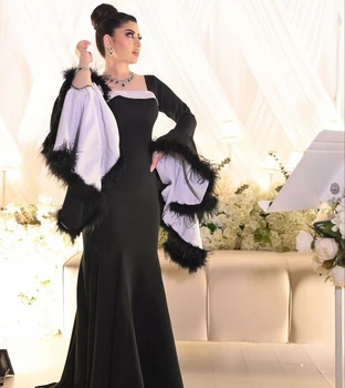 VD Луксозни пера Дълги ръкави Вечерни рокли Квадратно деколте Саудитска Арабия Жените носят абитуриентска рокля черна официална парти вестидос