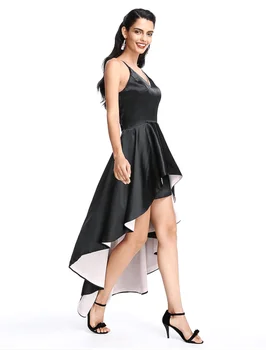 V-образно деколте спагети презрамки проста къса предна и дълга задна асиметрична вечерна рокля