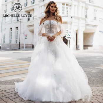 Мишел Ройс A-Line сватбени рокли за жени печени апликации без гръб романтичен параклис влак сватбена рокля Vestido De Novia