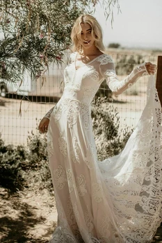 Boho Сватбени рокли A-line V-образно деколте дълги ръкави тюл дантела бохемски сватбена рокля булчински рокли Vestidos De Novia