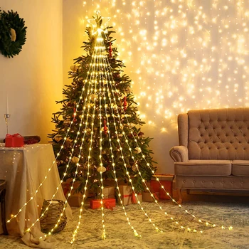 9x2M Коледна украса звезда низ светлини 190 LED открит водопад дърво светлини с Topper звезда Коледа Garland светлина