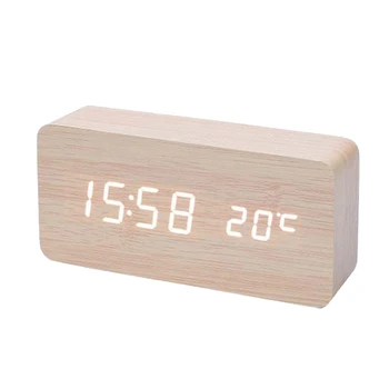 Дървен цифров будилник, LED будилник с температурни настолни часовници за офис, нощен часовник