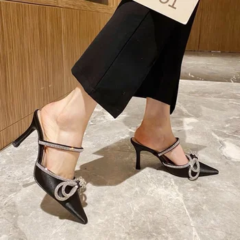Нова мода блясък кристал кристал високи токчета кристал лък кожа приплъзване на заострени пръсти помпи Stiletto секси абитуриентски обувки Mujer