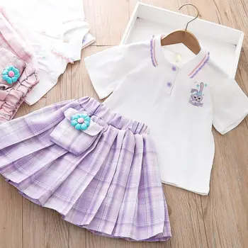 Teenage Girls Skirt Set Summer New JK Set Children's Academy Short Sleeve POLO Shirt Pleated Skirt 2PCS Set Girl Baby Suit