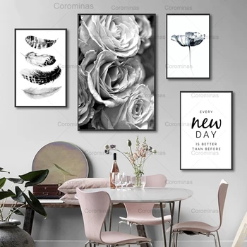 Черно бяло стена изкуство роза цвете платно живопис перо цитат плакати и отпечатъци минималистични снимки за хол декорация