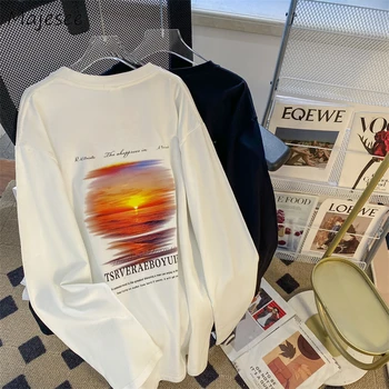 Тениски с дълъг ръкав за мъже Пролет Есен Японски стил Мода Тийнейджъри All-мач O-образно деколте Harajuku Отпечатани торбести дрехи Chic Нови