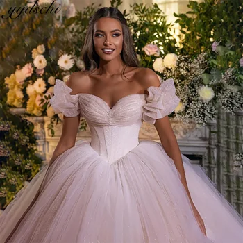 Елегантна принцеса блестящи пайети сладък бутер ръкави топка рокля сватбени рокли 2024 съд влак тюл булчински рокли за жени