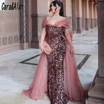 Елегантни вечерни рокли с пайети в Дубай дълги ръкави от рамото русалка сватбени рокли за гости за арабски жени Vestido De Fiesta