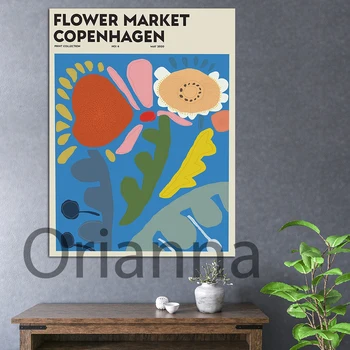 Копенхагенски плакат за пазара на цветя,Ботанически плакат,Стенен комплект за цветен пазар,Ботанически комплект за печат на стена,Платно за печат на цветен пазар