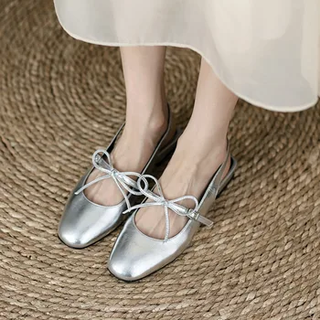 Лятна кръгла глава чист цвят лък декорация мода дамски сандали нови плитки уста спорт свободно време плоски обувки Сапатос Mujer