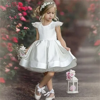 Първо причастие рокли без ръкави Дантела бял ангел принцеса цвете момиче рокля плевене парти топка мечта деца подарък