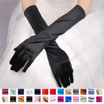 1 чифт сатенени дълги булчински ръкавици високо качество мода елегантен реколта ръкавици за жени сватбено парти аксесоари косплей абитуриентски бал