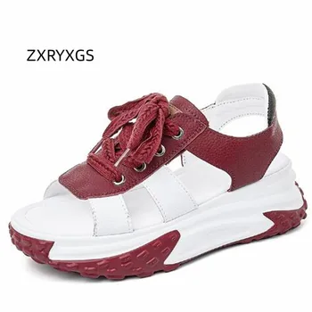 ZXRYXGS 2023 Лятна естествена кожа дантела нагоре риба уста сандали увеличаване дебела подметка клинове сандали ежедневни маратонки жени сандали