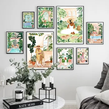 Casual Woman Мароканска тропическа джунгла Swing Meadow стена изкуство платно живопис плакат и печат стена снимки за хол декор