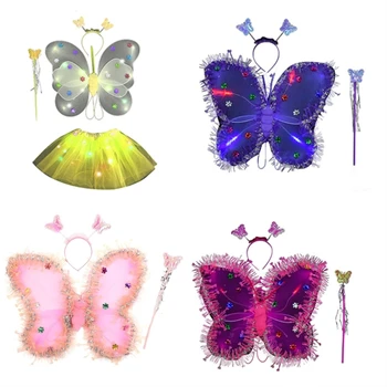 Glitter Butterfly Wings Light Fairy Wings Wand Kid Sequins Angel Wings Halloween Dress Up Cosplay-Props for Girls