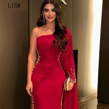 LISM червен дълъг едно рамо официален повод парти рокли мъниста глезена дължина vestidos de fiesta плюс размер по поръчка 2024
