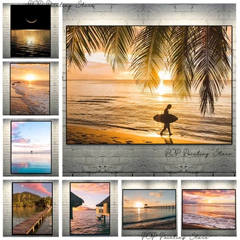 Beach Sunset Colorful Wave Surreal Surfer Full Moon Poster Print Canvas Painting Wall Art Pictures for Living Room Home Decor