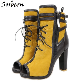 Sorbern плюс размер жени обувка Peep Toe дами работни ботуши блок петата глезена ботуши за жени транссексуални Drag Queens обувки