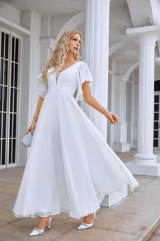 Бял шифон 2023 Нова сватбена рокля жени V-образно деколте A-Line елегантни булчински официални вечерни бални рокли Trend Vestido De Novia