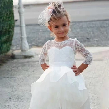 Бяла сватбена рокля дантела цвете момиче рокля принцеса топка конкурс за красота първо причастие деца изненада рожден ден подарък