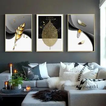 Златни листа перо птица абстрактно платно живопис Nordic черен плакат отпечатъци стена арт картини луксозен хол дома декор