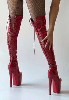 20cm дантела нагоре над коляното ботуши 8Inch платформа секси фетиш нощен клуб тънки токчета модния подиум лента полюс танц голям размер готически жени