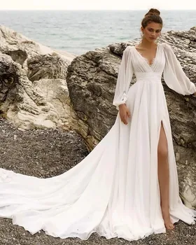 Плаж Секси сватбени рокли 2023 Дълъг ръкав V врата разделен преден шифон дантела булчински рокли Vestidos de Noiva Mariage