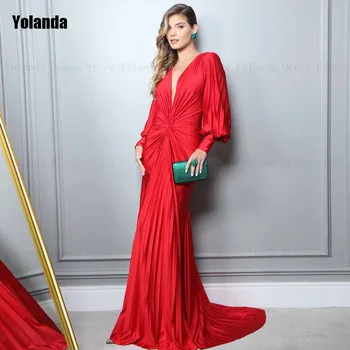 червен 2024 Нов дизайн мода русалка вечерни рокли V-образно деколте къдри бутер ръкав отворен гръб етаж дължина парти рокля роба де soirée