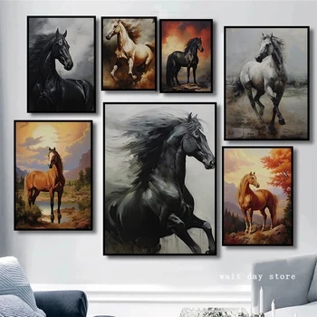 Черно-бели бягащи коне изкуство платно живопис кон черен кон плакати отпечатъци животински стена картина хол дома декор