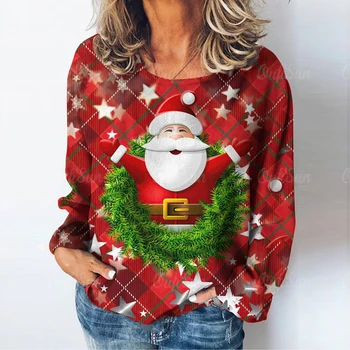 Коледа жени памучна тениска есен O врата извънгабаритни пуловер женски парти дрехи Daily улица суитчър случайни дълъг ръкав