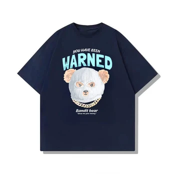 Похитител мечка памучна тениска Navy Blue лято къс ръкав високо качество O-образно деколте Tees карикатура графичен високо пънк рап streetwear