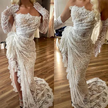 Мода дантела русалка сватбени рокли със секси висока страна сплит нов елегантен без презрамки булчинска рокля четка влак халат De Vestido